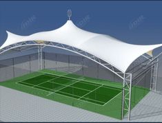 a large white tent with a tennis court underneath it