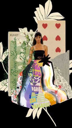 a woman in a long dress surrounded by flowers and playing cards with the queen of hearts