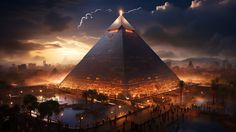the pyramid is lit up at night in front of a cityscape with lightning