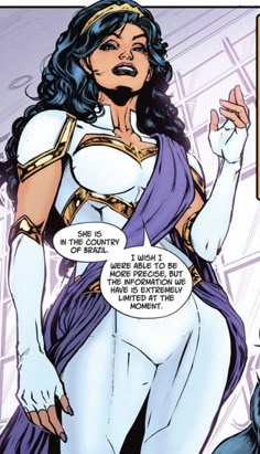 an image of a woman dressed in white and purple with her hand up to the side