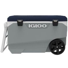 an igloo cooler is shown with wheels on the front and side, in grey