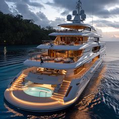 a large white boat floating on top of the ocean next to a dock at night