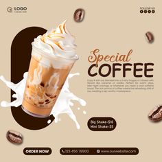 an advertisement for coffee with milk and whipped cream on top, surrounded by coffee beans