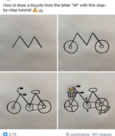 four different pictures of bicycles drawn on paper with the words how to draw a bicycle from the letter m with this step - by - step instructions