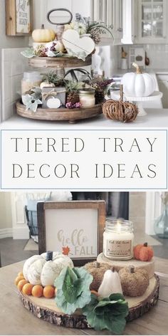 two trays filled with different types of fall decorations on top of a wooden table