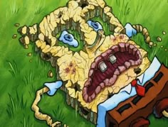 an image of a cartoon character laying on the ground with its mouth open and eyes closed