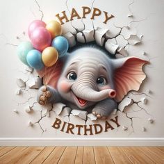 an elephant with balloons in its mouth is breaking through the wall