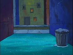 a trash can sitting in the middle of an alley way with a door leading to another building