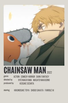 the poster for chainsaw man, featuring two men with glasses on their faces and one is