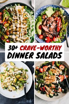 the cover of 30 + crave - worthy dinner salads is shown in four different pictures