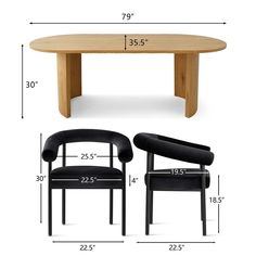 a table and two chairs with measurements for each chair in the same size as shown