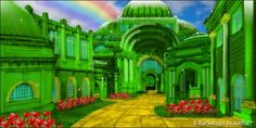 an animated image of a green building with flowers in the foreground and a rainbow in the background