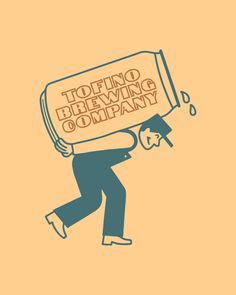 a man carrying a beer can with the words tofino brewing company on it