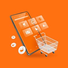 an orange phone with icons coming out of it and a shopping cart in the foreground