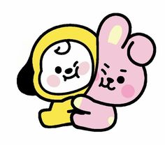 a pink and yellow bunny hugging each other