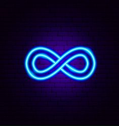 neon blue glowing sign with an infinite symbol on a dark brick wall in the background