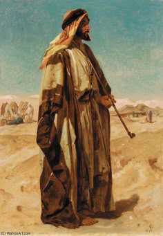a painting of a man standing in the desert