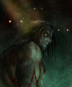 a painting of a man with long hair and blood on his face