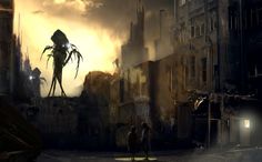 an alien standing in the middle of a city