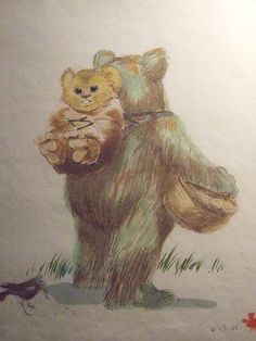 a drawing of a bear holding a bird