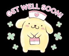 a cartoon dog with the words get well soon on it's chest and shamrocks around its neck