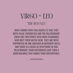 the words virgo and leo are written in black on a pink background with an image of