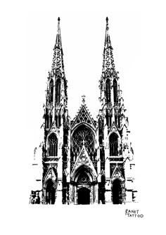 a black and white drawing of a cathedral
