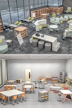 two views of an empty classroom with desks and bookshelves on the floor