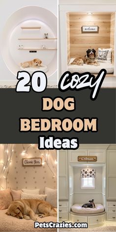 Pinterest pin showcasing four unique dog bedroom designs arranged in a vertical collage. Text reads "20 Cozy Dog Bedroom Ideas" in bold typography with "PetsCrazies.com" at bottom. Featured designs include a modern circular moon portal with floating shelves, a farmhouse-style wood-paneled nook, a fairy light canopy bed with paw print wallpaper, and a luxury built-in suite with storage cabinets.