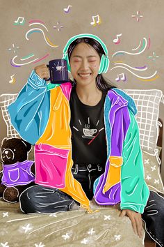 a woman sitting on top of a bed holding a cup in front of her face