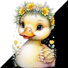 a duck with flowers on its head sitting in front of a black and white background
