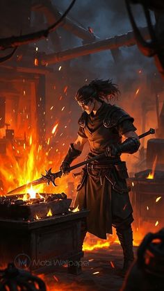 a person standing in front of a fire with two swords and an iron skillet
