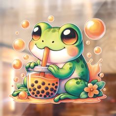 a cartoon frog sitting on top of a glass