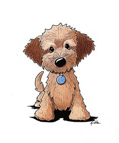 a drawing of a brown dog with a blue tag on it's collar sitting down