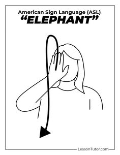 the american sign language asl elephant is shown in black and white with an arrow pointing to
