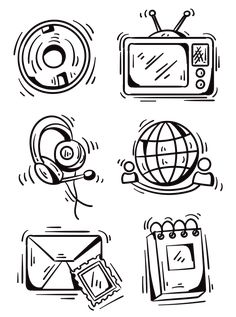 four hand drawn doodles depicting different types of television and other things in black and white