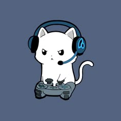 a white cat with headphones and a video game controller in front of its face