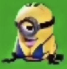 a minion is sitting down with his eyes closed and mouth wide open on a green background