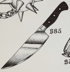 an image of two knives with chains attached to the blades and one has a knife on it