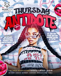 the flyer for an event with a woman wearing glasses