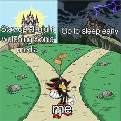 an image of a cartoon character walking down a path with the words, stay up all night watching sonic media go to sleep early