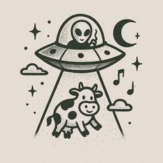 an alien flying over a cow in the sky