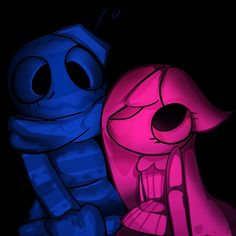 two cartoon characters sitting next to each other on a black background, one is pink and the other is blue