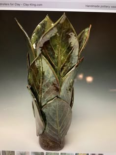 there is a vase that has leaves on it