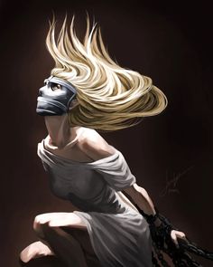 a painting of a woman with chains on her face and hair in the shape of a mask