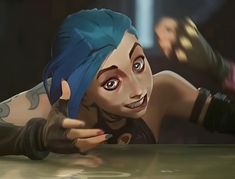 Girl witht blue hair Jinx Arcane freaking out insane Jinx