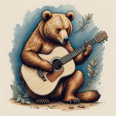 a brown bear holding a guitar while sitting on the ground