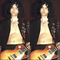 three different pictures of a man with long hair and no shirt holding an electric guitar
