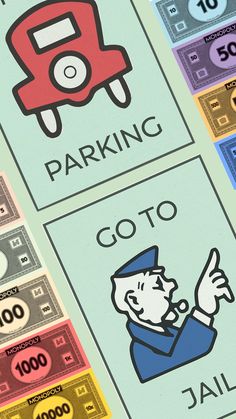 various parking signs are displayed on top of each other, including one with a man pointing to the right