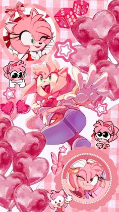 some pink hearts are on a checkered tablecloth and there is an image of the character